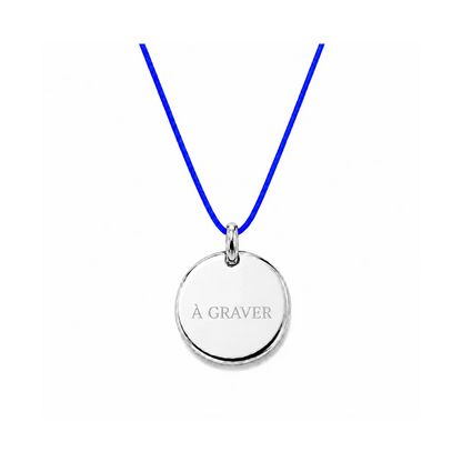 collier cordon bleu roi avec fermoir et médaille à graver argentée 8 mm ou 15 mm