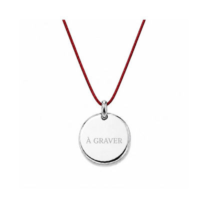 collier cordon bordeaux avec fermoir et médaille à graver argentée 8 mm ou 15 mm