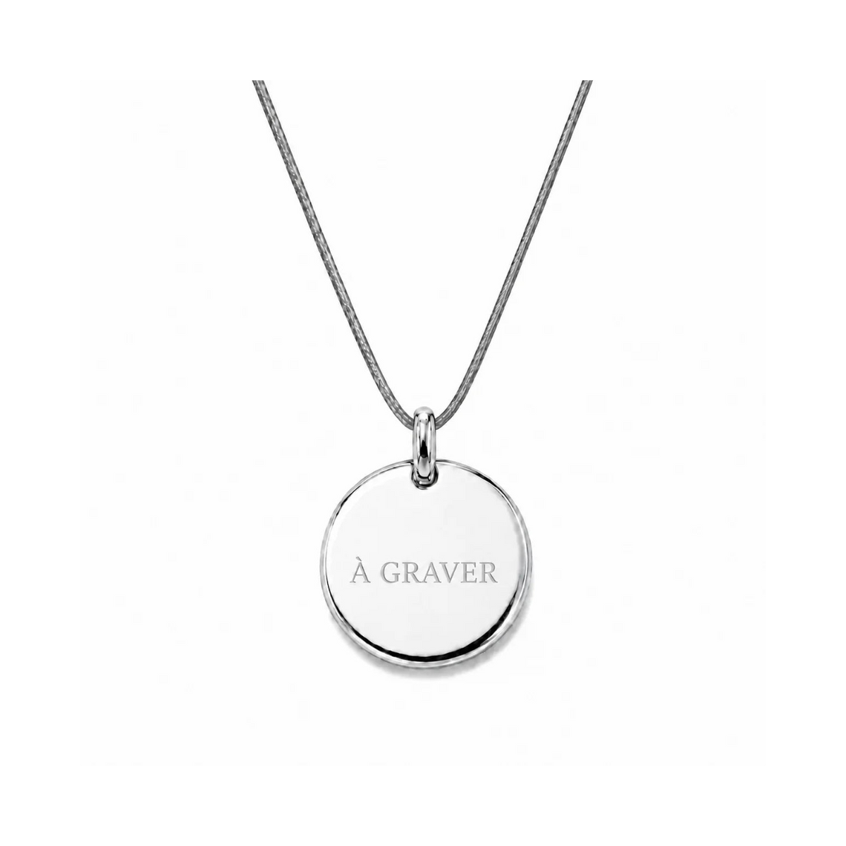 collier cordon gris avec fermoir et médaille à graver argentée 8 mm ou 15 mm
