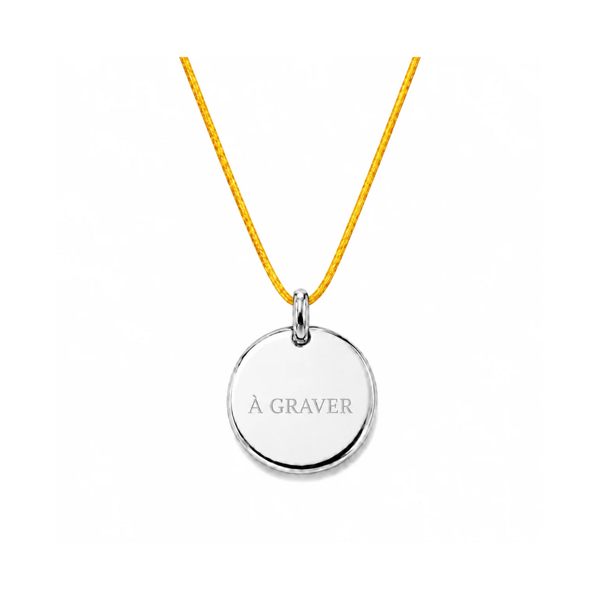 collier cordon jaune avec fermoir et médaille à graver argentée 8 mm ou 15 mm