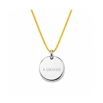 collier cordon jaune avec fermoir et médaille à graver argentée 8 mm ou 15 mm
