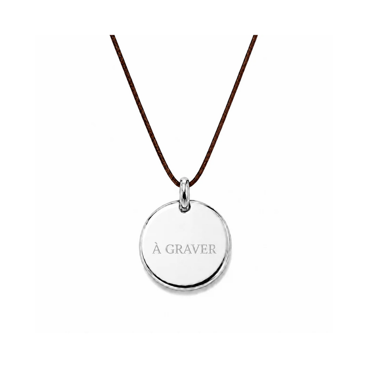 collier cordon marron avec fermoir et médaille à graver argentée 8 mm ou 15 mm