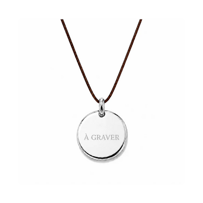 collier cordon marron avec fermoir et médaille à graver argentée 8 mm ou 15 mm