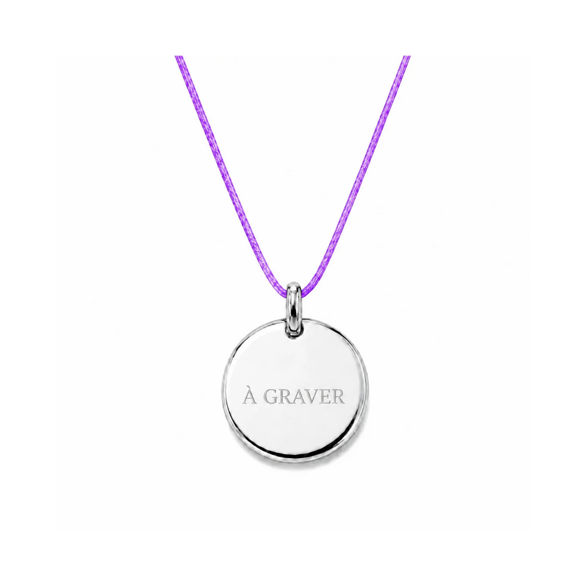 collier cordon mauve avec fermoir et médaille à graver argentée 8 mm ou 15 mm