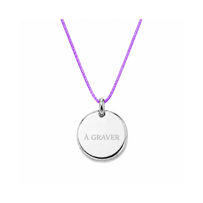 collier cordon mauve avec fermoir et médaille à graver argentée 8 mm ou 15 mm