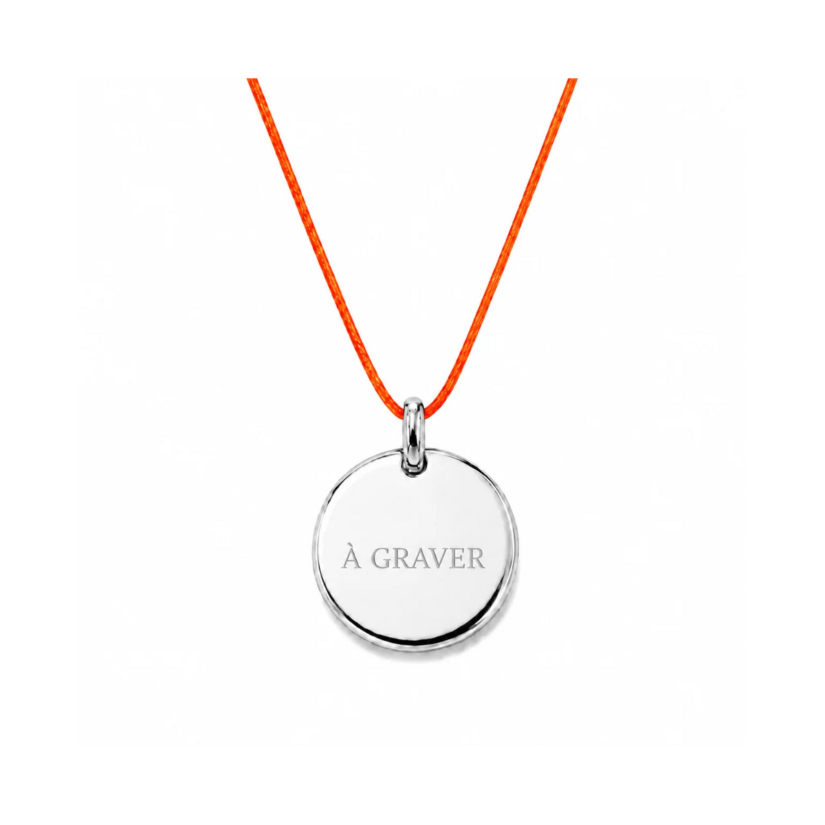 collier cordon orange avec fermoir et médaille à graver argentée 8 mm ou 15 mm
