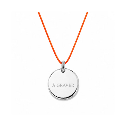 collier cordon orange avec fermoir et médaille à graver argentée 8 mm ou 15 mm