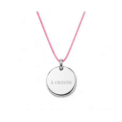collier cordon rose clair avec fermoir et médaille à graver argentée 8 mm ou 15 mm