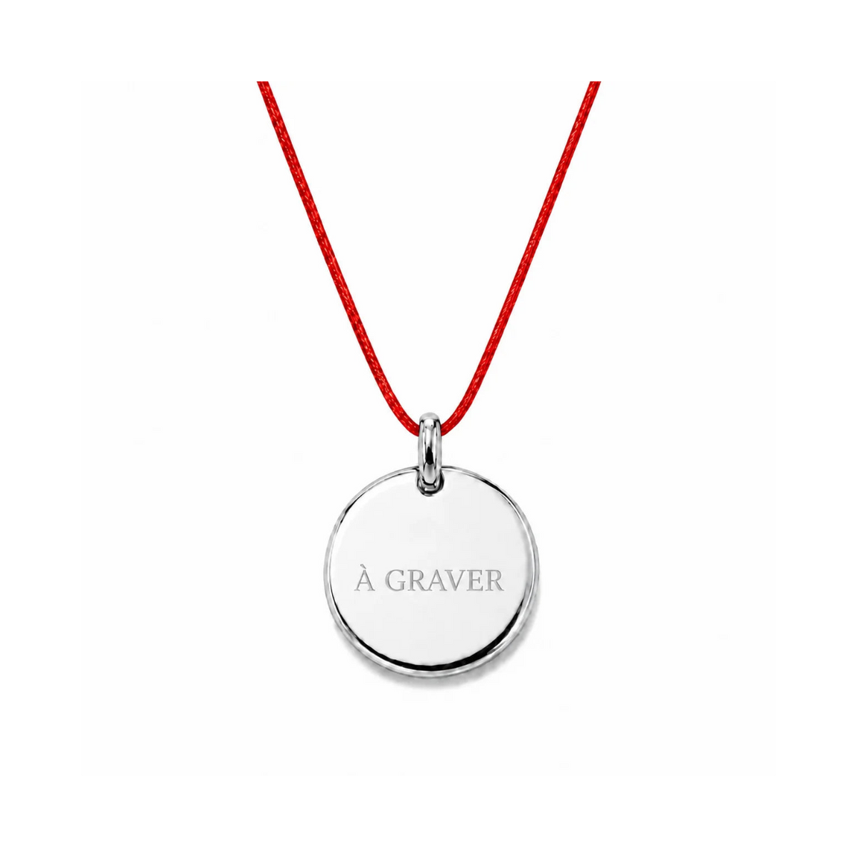 collier cordon rouge avec fermoir et médaille à graver argentée 8 mm ou 15 mm