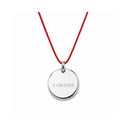 collier cordon rouge avec fermoir et médaille à graver argentée 8 mm ou 15 mm