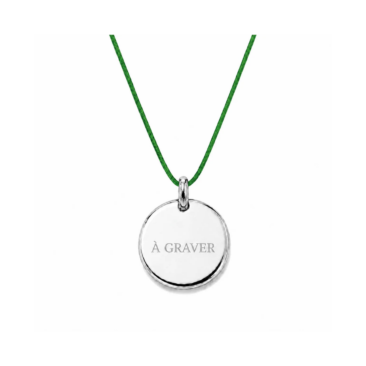 collier cordon vert bouteille avec fermoir et médaille à graver argentée 8 mm ou 15 mm