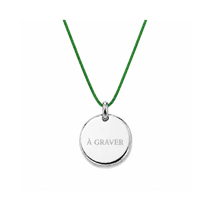 collier cordon vert bouteille avec fermoir et médaille à graver argentée 8 mm ou 15 mm