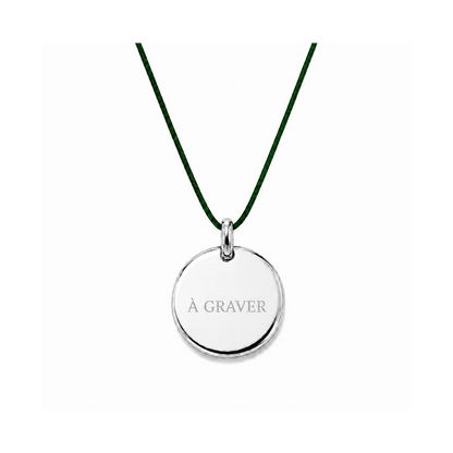 collier cordon vert sapin avec fermoir et médaille à graver argentée 8 mm ou 15 mm
