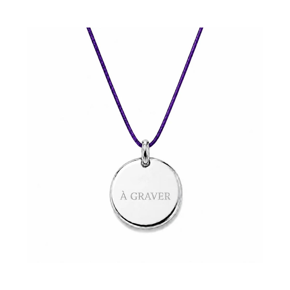collier cordon v avec fermoir et médaille à graver argentée 8 mm ou 15 mmolet