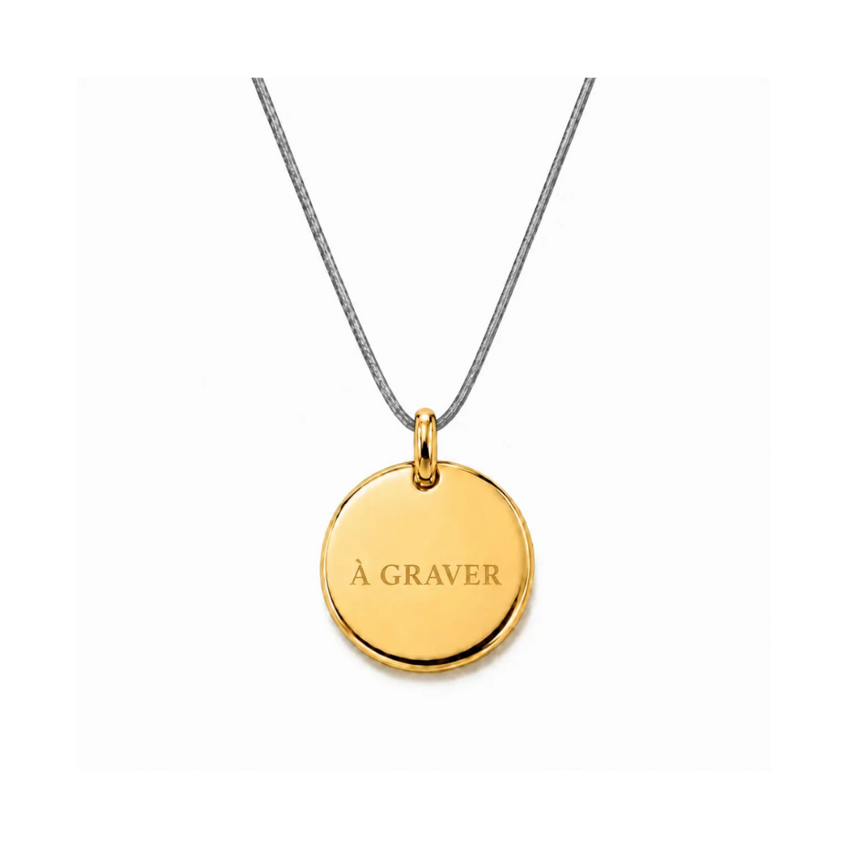 collier cordon de couleur gris avec fermoir et médaille dorée  graver 8 mm ou 15 mm au choix 