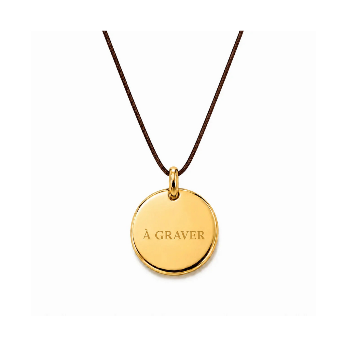 collier cordon de couleur marron avec fermoir et médaille dorée  graver 8 mm ou 15 mm au choix 