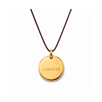 collier cordon de couleur marron avec fermoir et médaille dorée  graver 8 mm ou 15 mm au choix 
