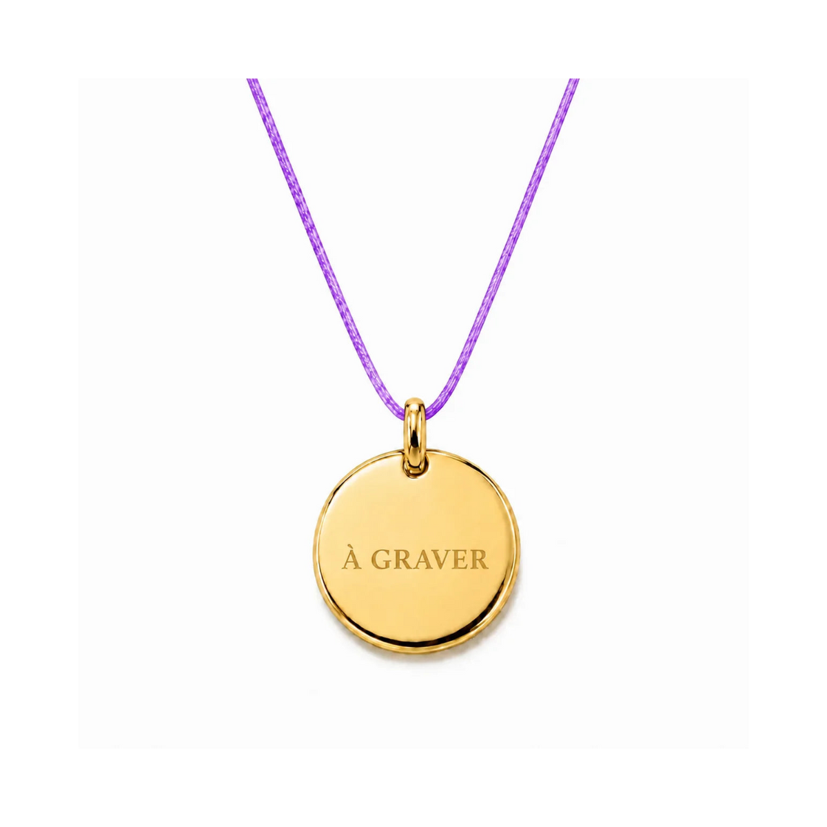 collier cordon de couleur mauve avec fermoir et médaille dorée  graver 8 mm ou 15 mm au choix 