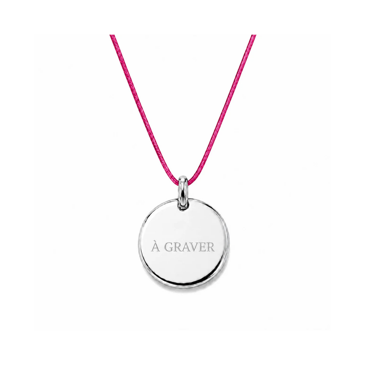 collier cordon rosee framboise avec fermoir et médaille à graver argentée 8 mm ou 15 mm