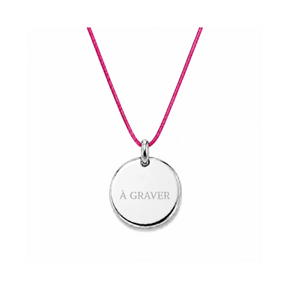 collier cordon rosee framboise avec fermoir et médaille à graver argentée 8 mm ou 15 mm