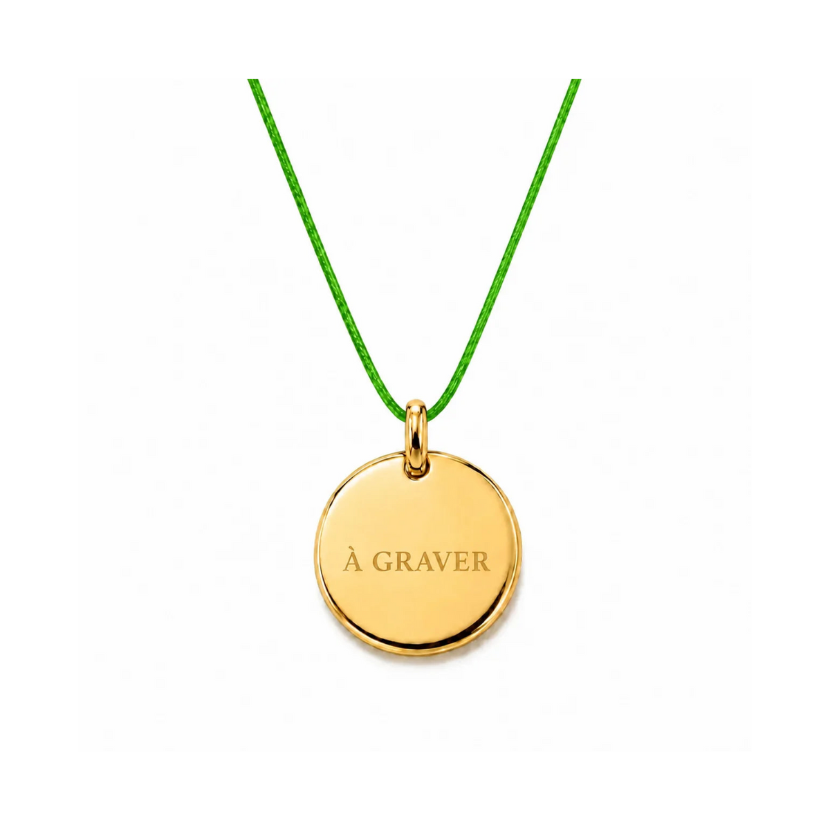 collier cordon vert bouteille avec fermoir et médaille dorée  graver 8 mm ou 15 mm au choix 