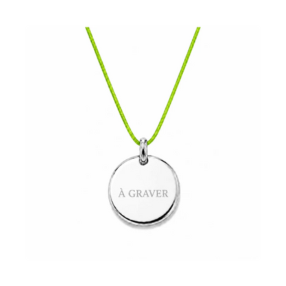 collier cordon vert pomme avec fermoir et médaille à graver argentée 8 mm ou 15 mm 