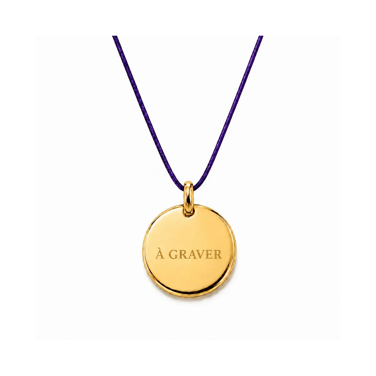 collier cordon de couleur violet avec fermoir et médaille dorée  graver 8 mm ou 15 mm au choix 