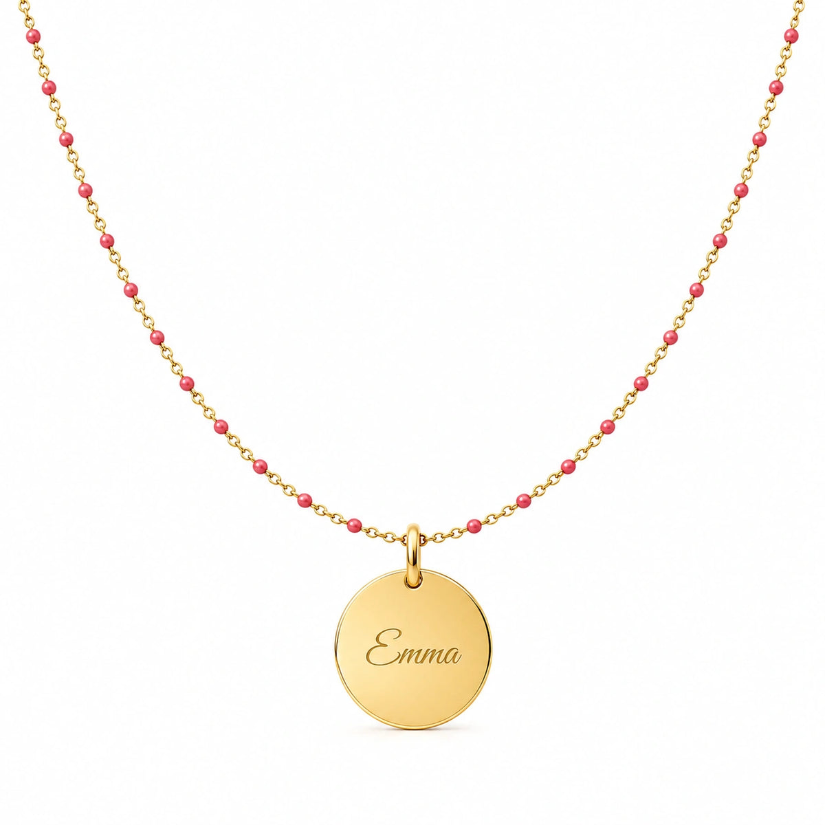 Collier doré à petites perles roses avec médaille ronde personnalisable gravée Emma – Les Inséparables