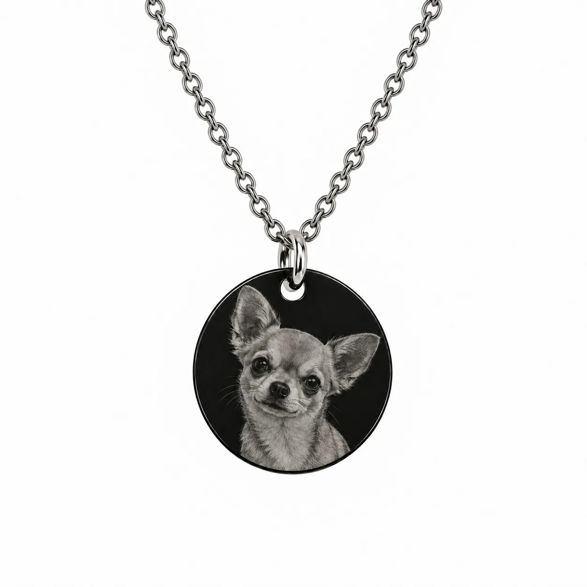 Collier médaille acier noir gravée du portrait photo d’un enfant