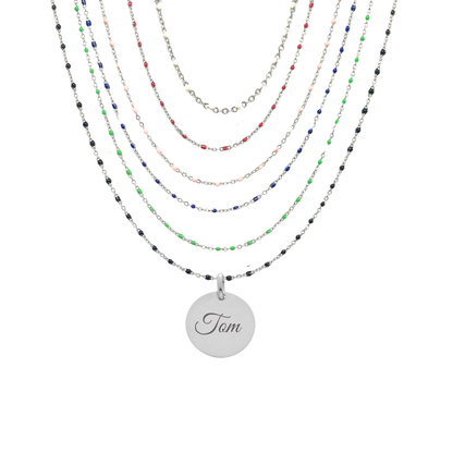 Collier médaille sur chaîne fine en acier inoxydable argenté avec petites perles de résine colorées