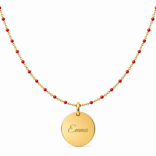 Collier médaille sur chaîne en acier inoxydable doré avec petites perles de résine rouges