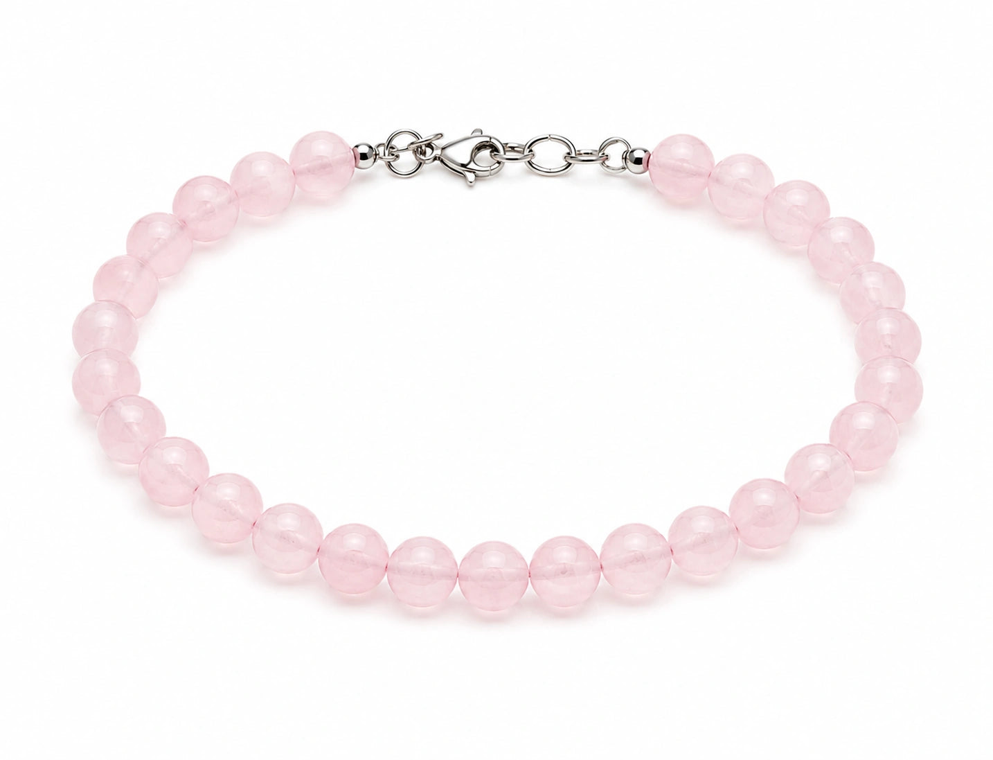Collier en perles rondes de quartz rose avec fermoir et chaînette d’extension argentés – Les Inséparables