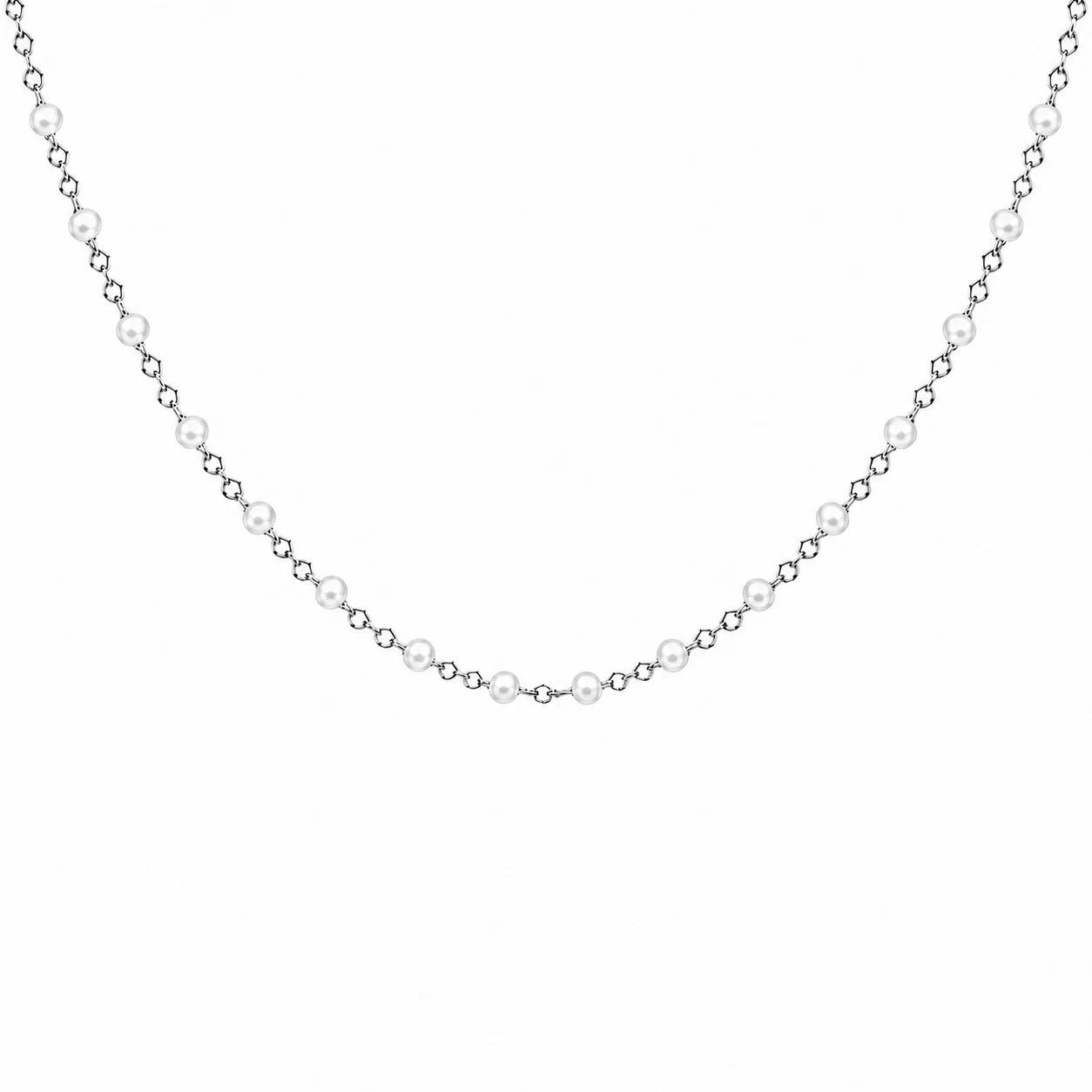 Collier chaîne fine en acier inoxydable argenté avec petites perles de résine blanches