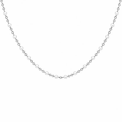 Collier chaîne fine en acier inoxydable argenté avec petites perles de résine blanches