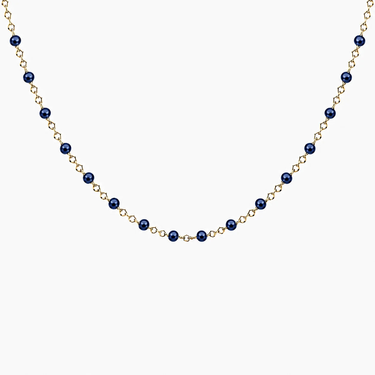 Collier chaîne fine en acier inoxydable dorée avec petites perles de résine colorées bleues