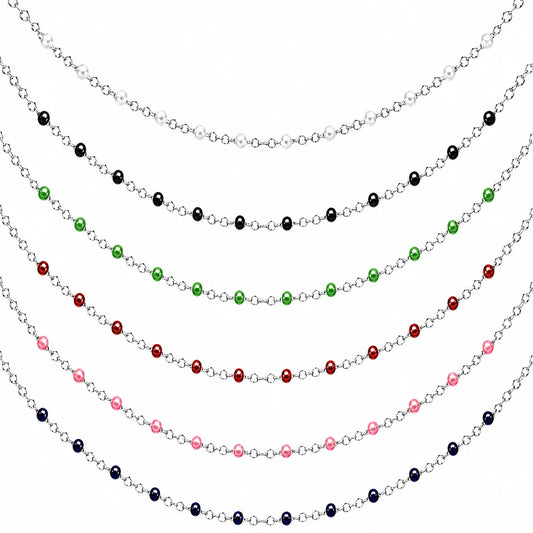 Collier chaîne fine en acier inoxydable argenté avec petites perles de résine colorées