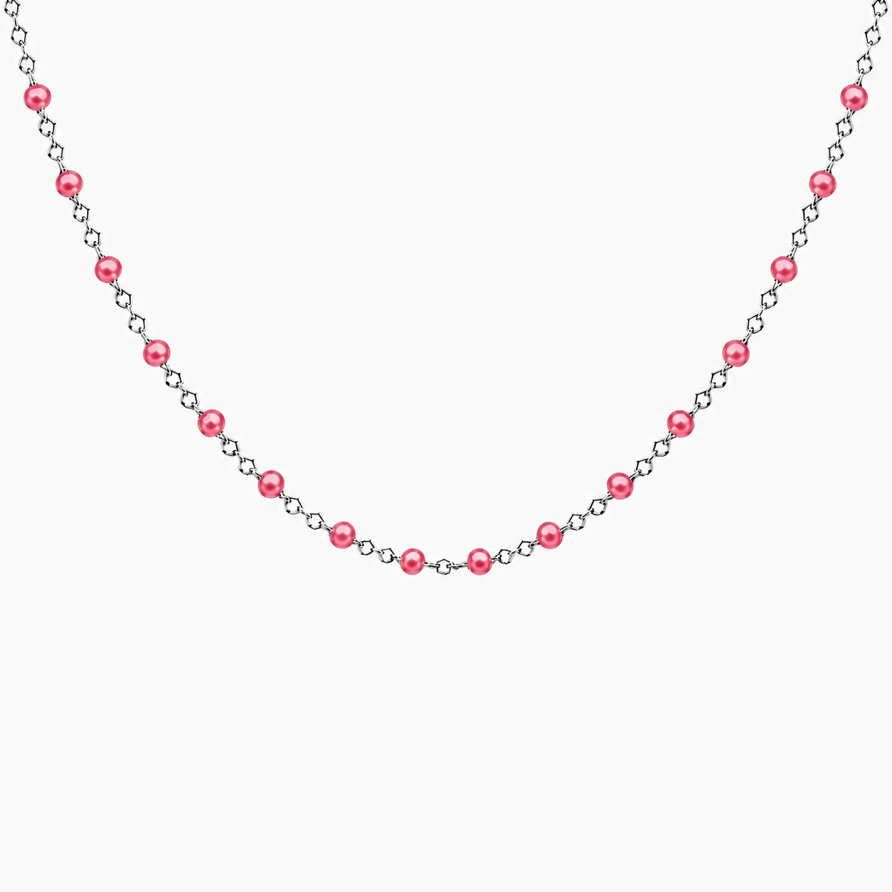Collier chaîne fine en acier inoxydable argenté avec petites perles de résine roses