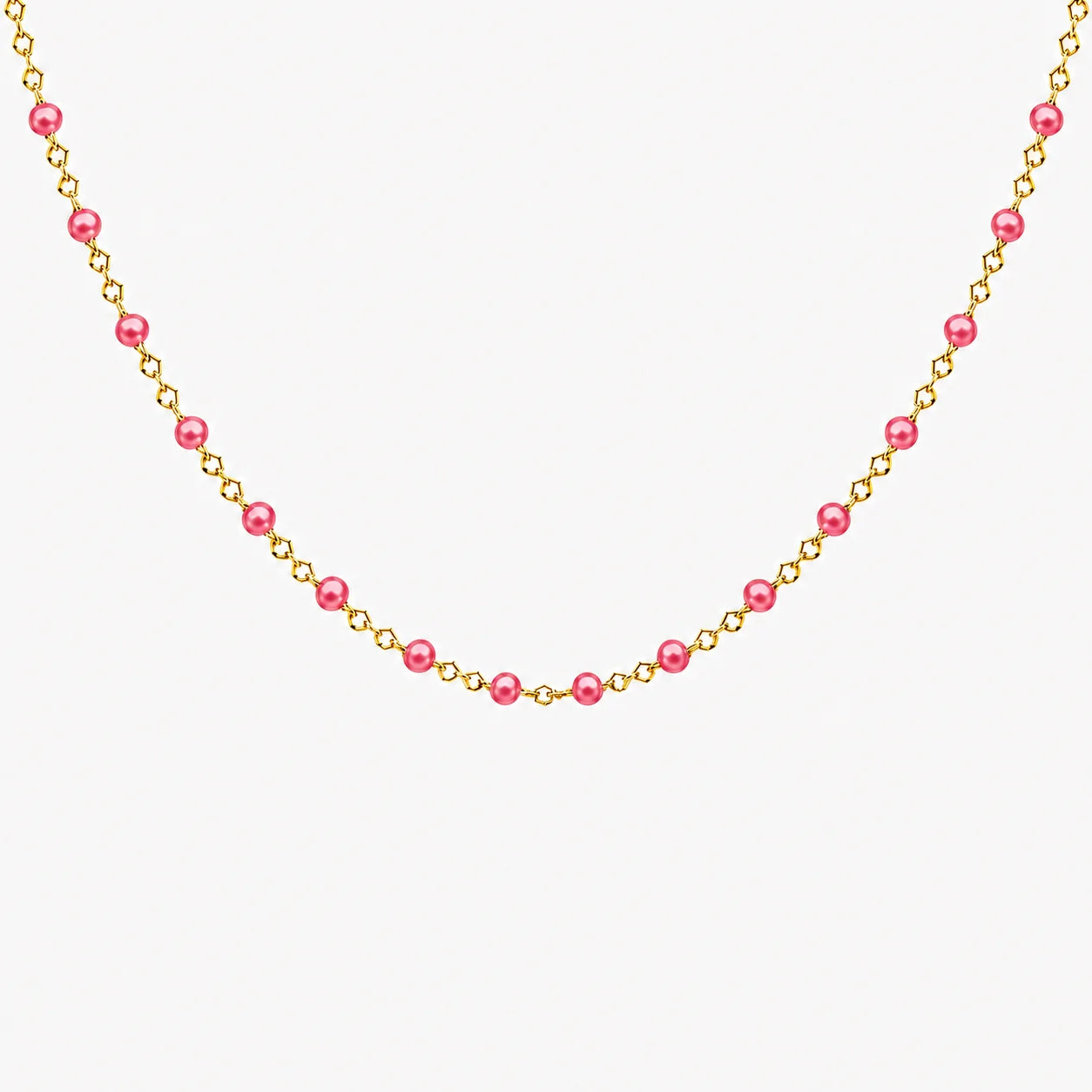 Collier chaîne fine en acier inoxydable dorée avec petites perles de résine colorées roses claires