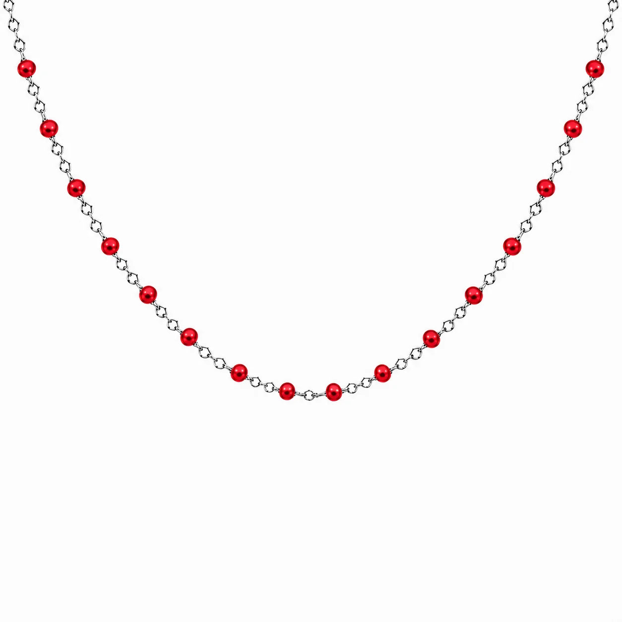 Collier chaîne fine en acier inoxydable argenté avec petites perles de résine rouge