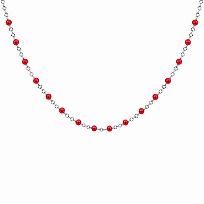 Collier chaîne fine en acier inoxydable argenté avec petites perles de résine rouge