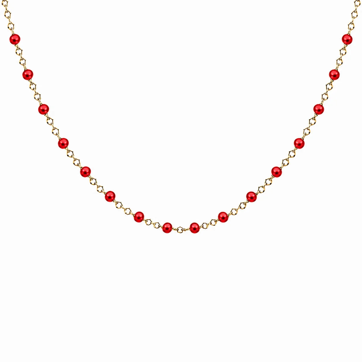 Collier chaîne fine en acier inoxydable dorée avec petites perles de résine rouges