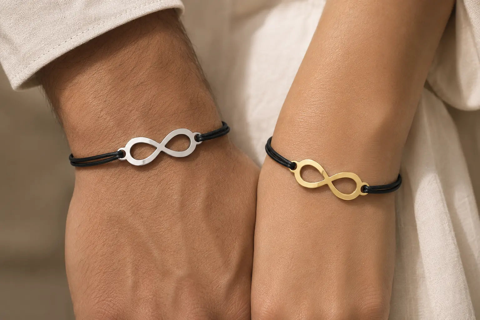 Couple portant des bracelets assortis avec symbole infini, l’un argenté et l’autre doré, montés sur un cordon noir.
