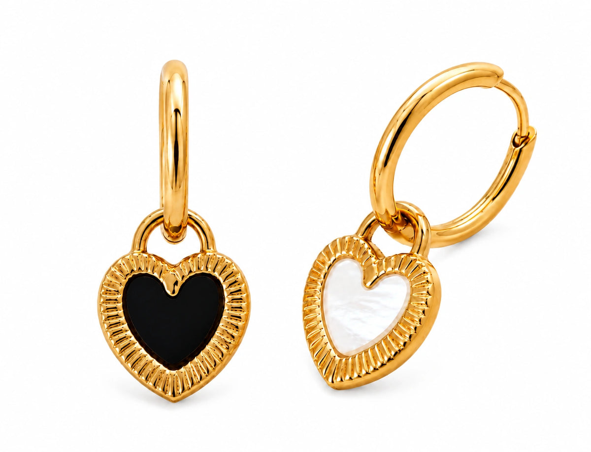 Créoles dorées avec pendentifs cœur noir blanc nacré – Les Inséparables