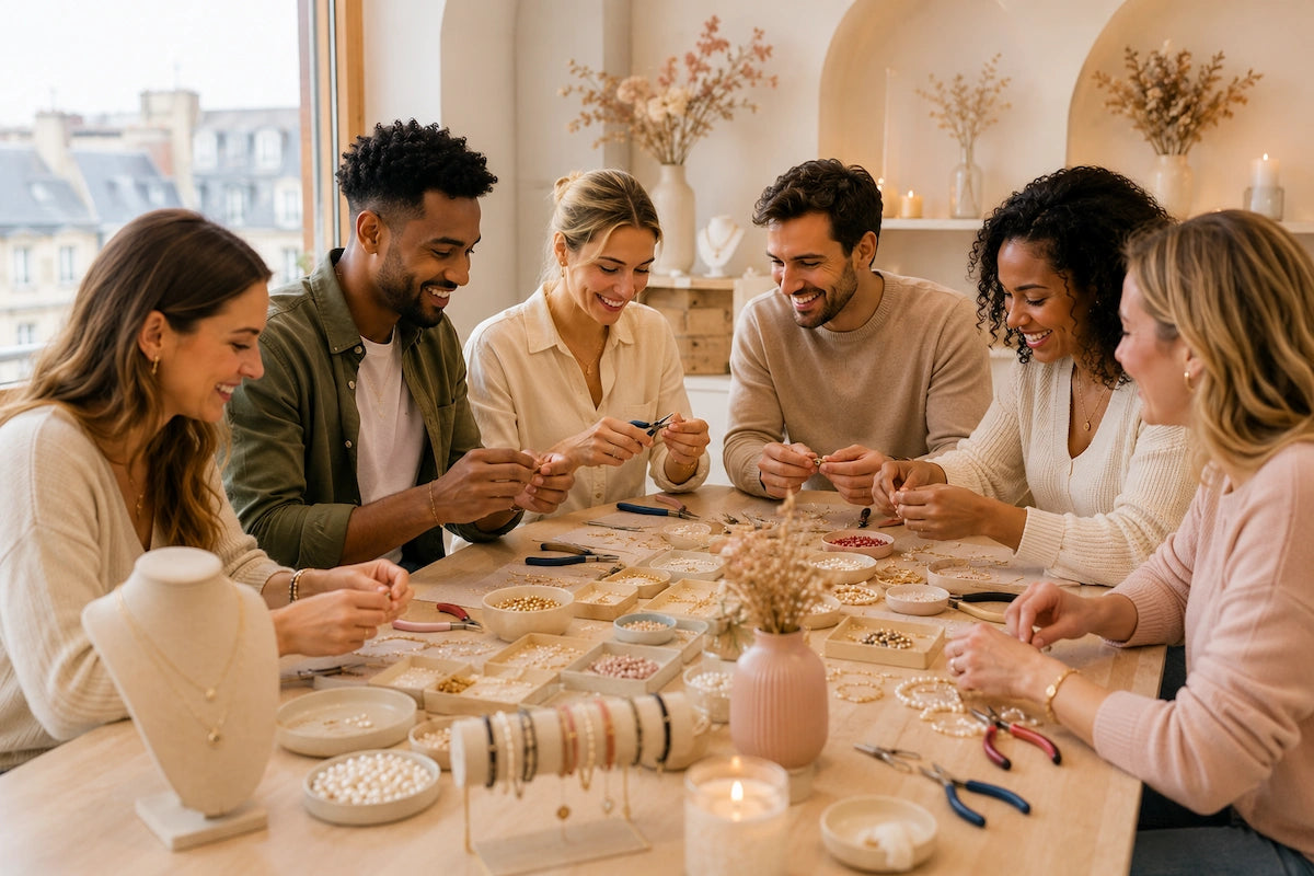 Groupe de six personnes participant à un atelier de création de bijoux, réunies autour d’une table avec perles, outils et accessoires.