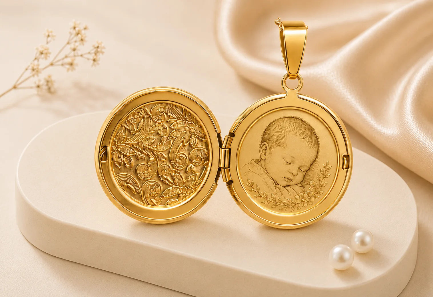 Médaillon ouvrable doré avec portrait gravé d’un bébé et motif floral à l’intérieur.