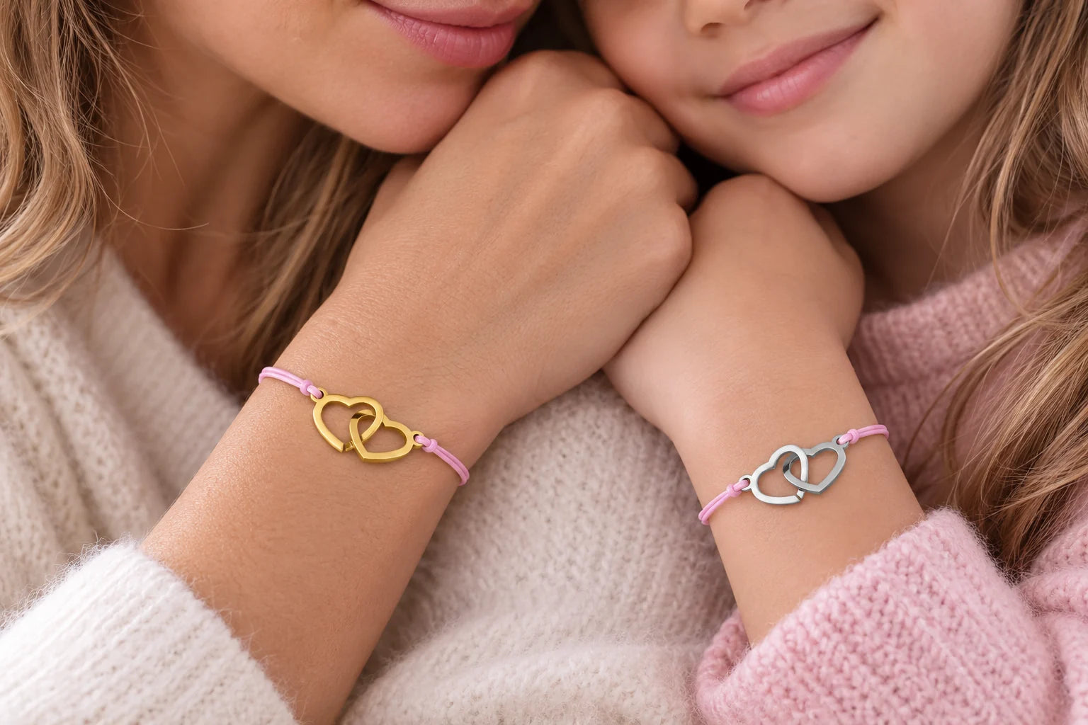 Mère et fille portant des bracelets cordon rose assortis avec deux cœurs entrelacés, l’un doré et l’autre argenté.
