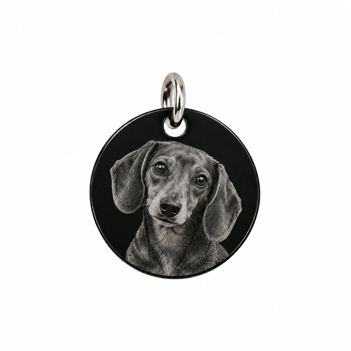 Pendentif médaille acier noir gravée de la photo d’un teckel
