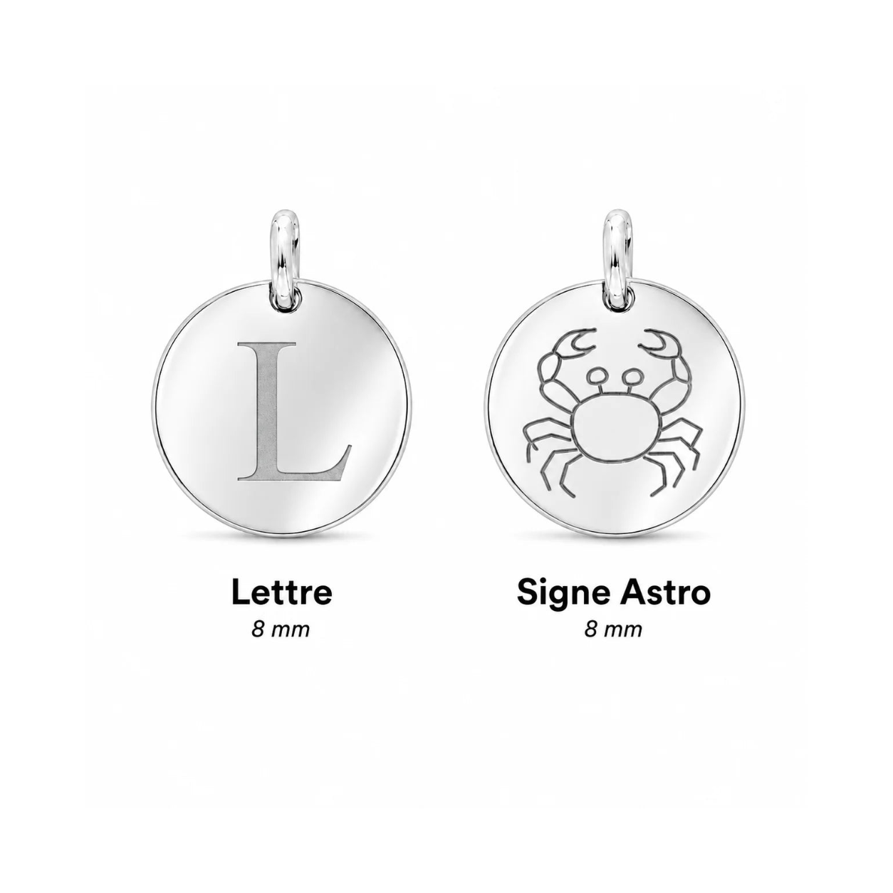 Médailles personnalisables en acier inoxydable argenté avec gravure lettre et signe astrologique – diamètre 8 mm