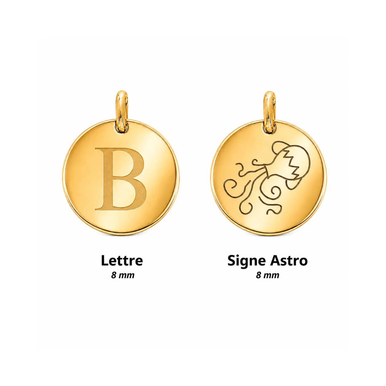 Médailles personnalisables en acier inoxydable doré avec gravure lettre et signe astrologique – diamètre 8 mm