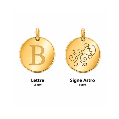 Médailles personnalisables en acier inoxydable doré avec gravure lettre et signe astrologique – diamètre 8 mm